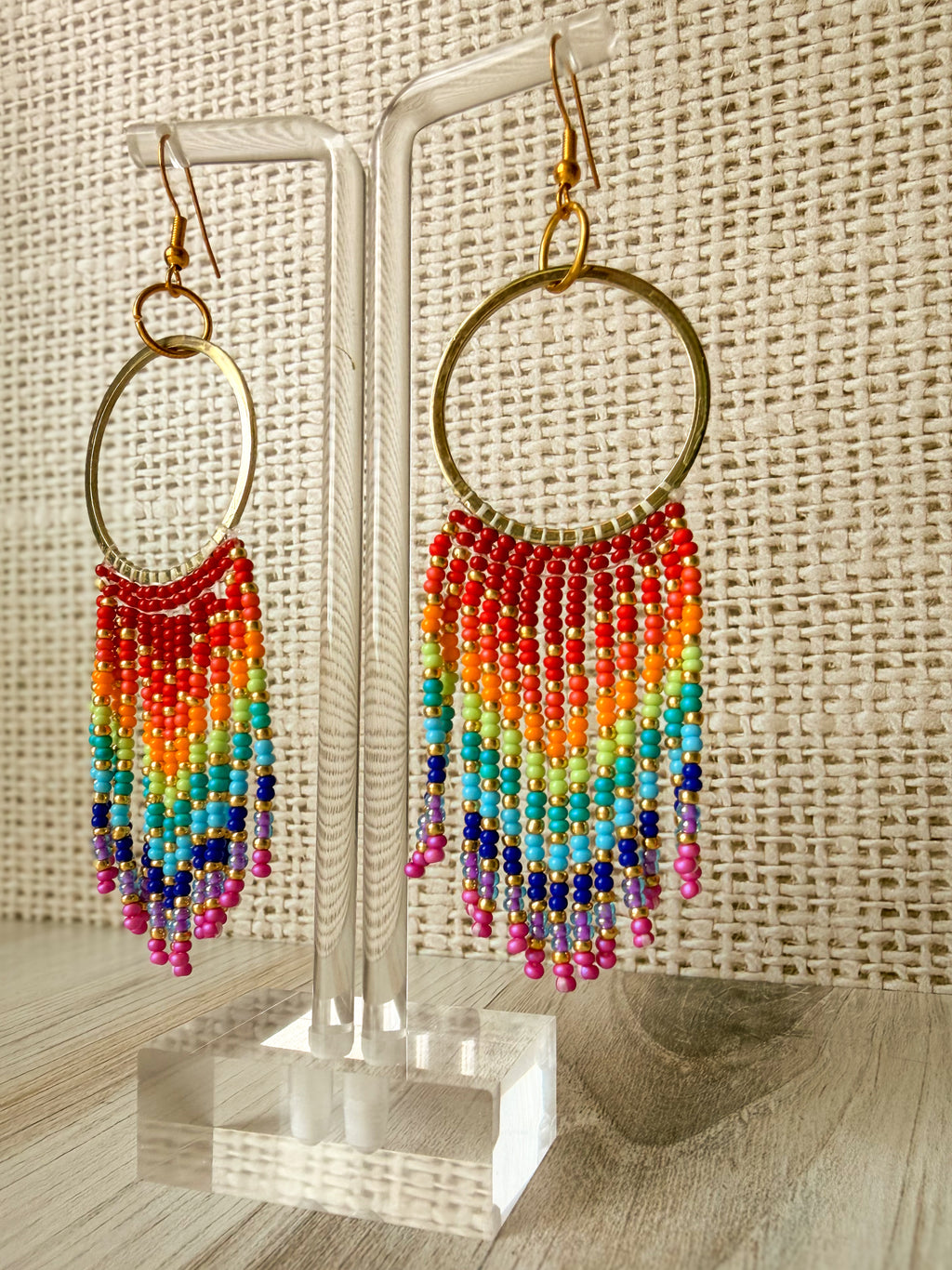 Rainbow Beaded Hoop Fringe Earrings