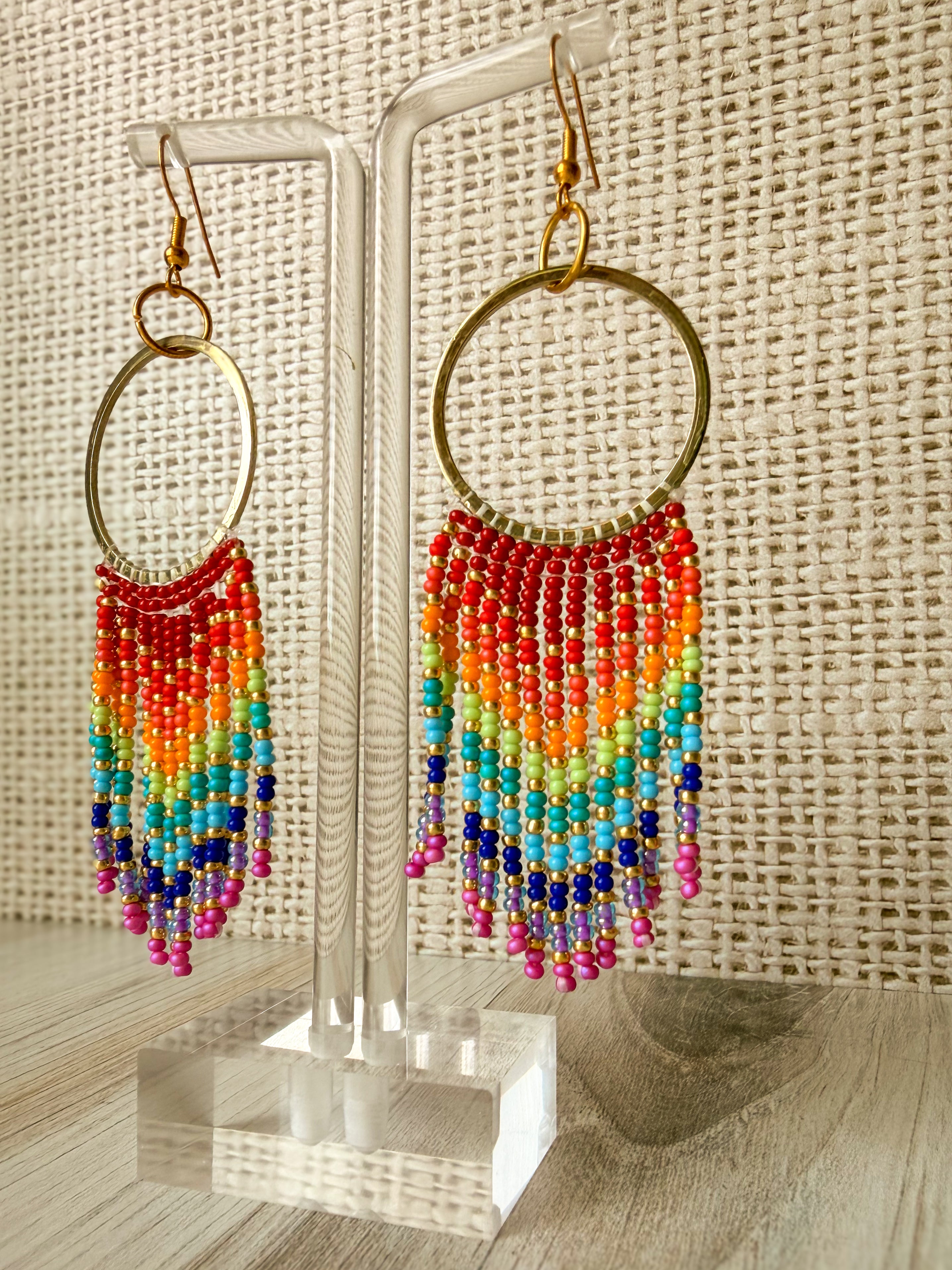 Rainbow Beaded Hoop Fringe Earrings