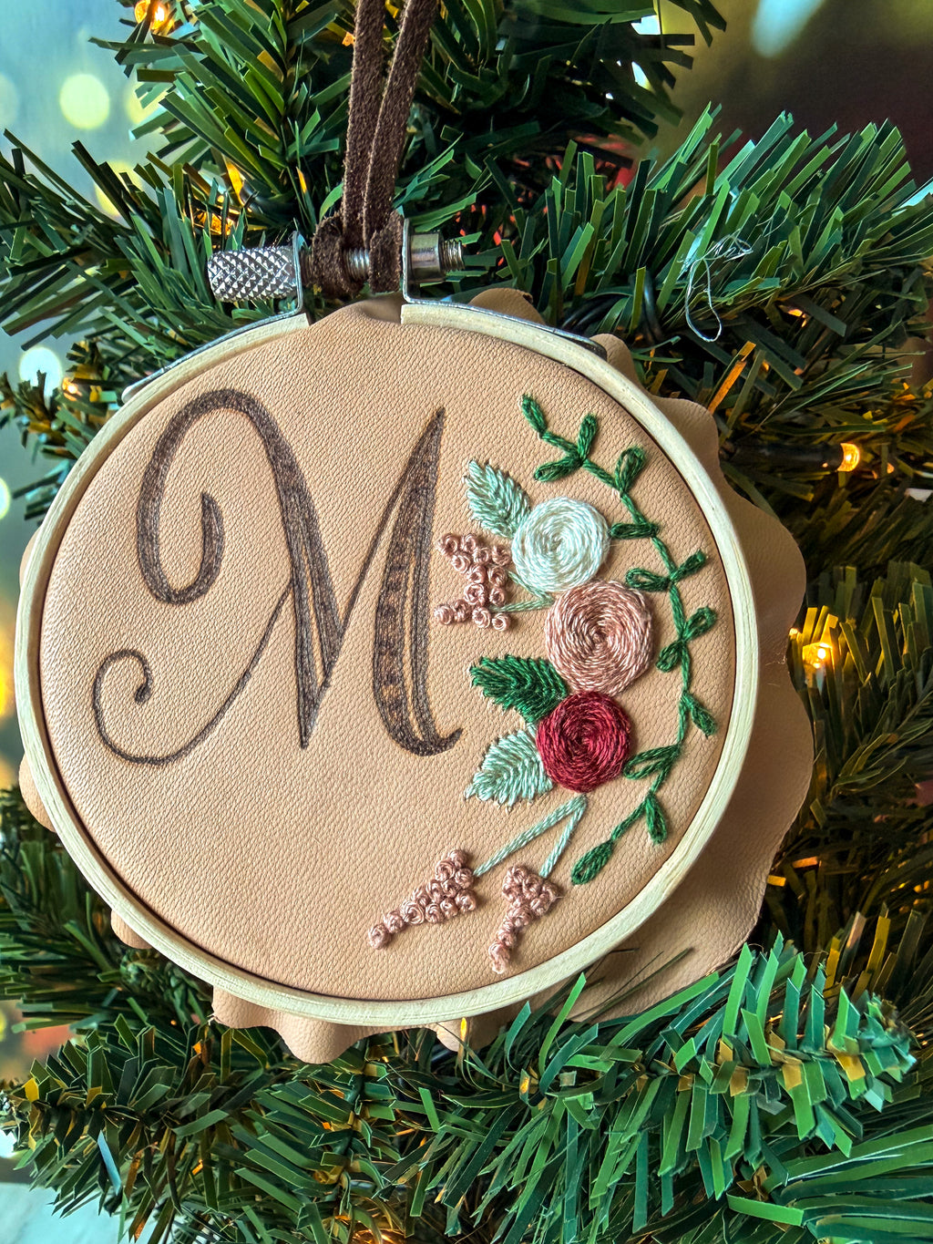 Leather and Embroidered Initial Ornaments