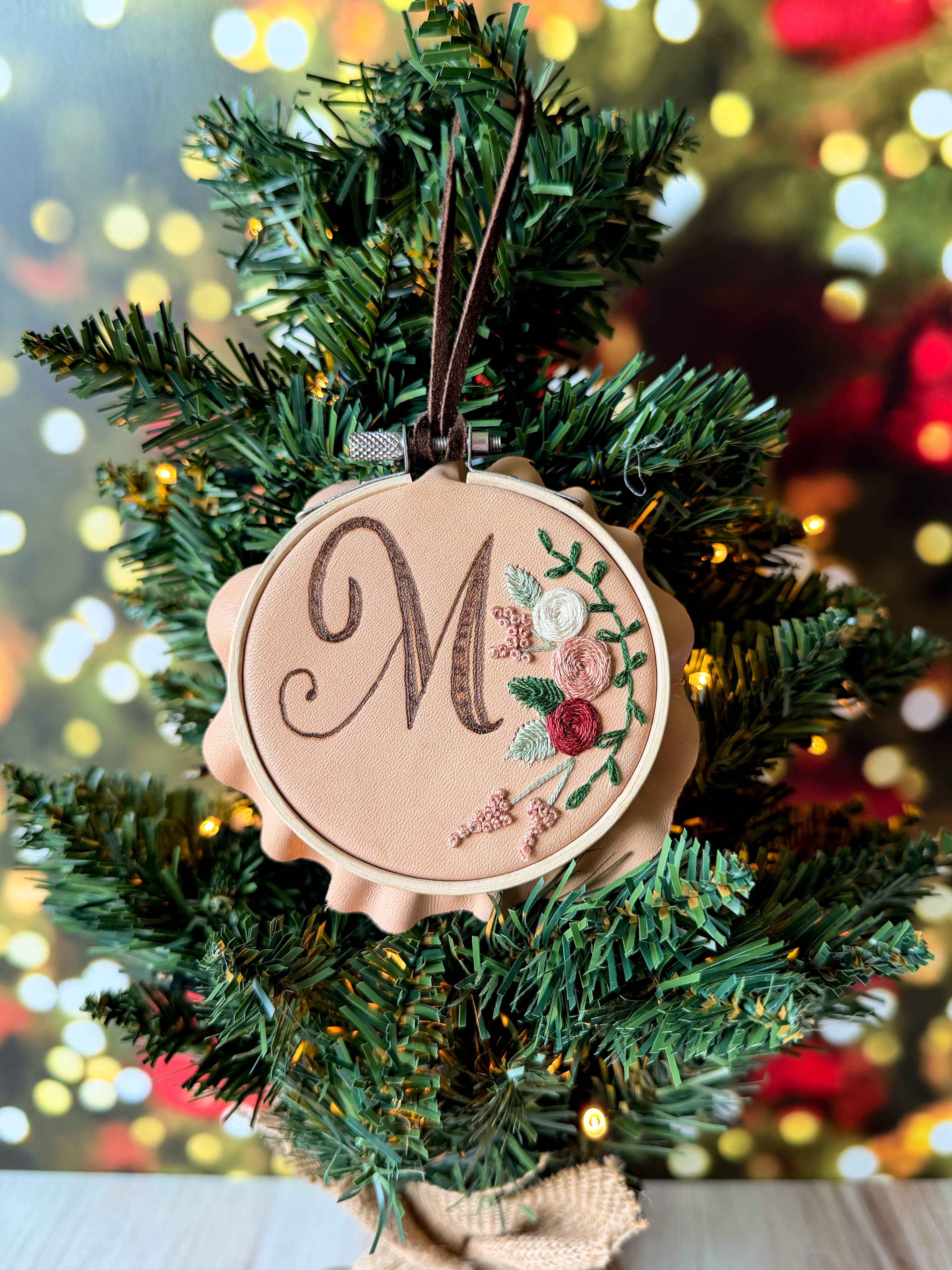 Leather and Embroidered Initial Ornaments