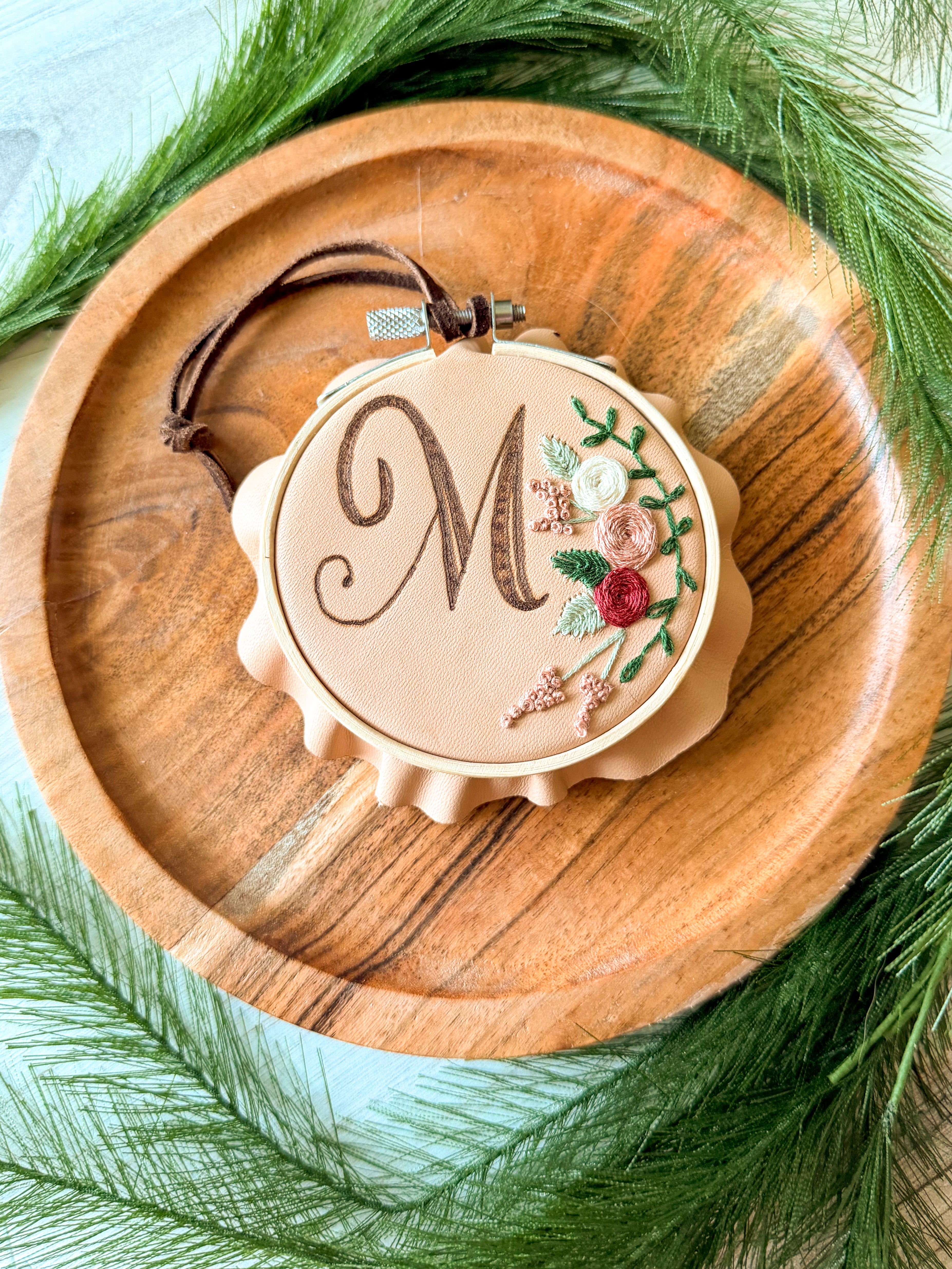 Leather and Embroidered Initial Ornaments