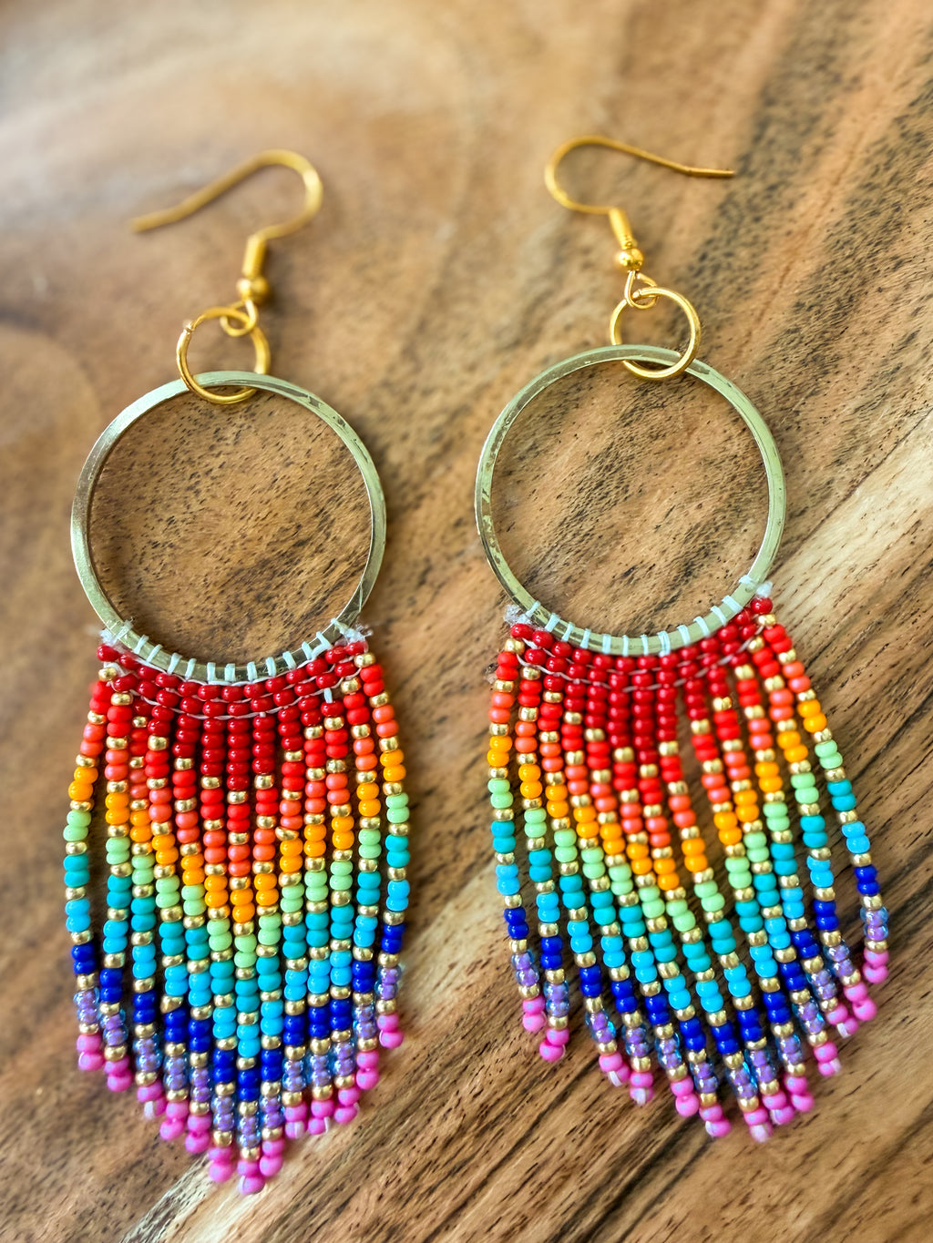 Rainbow Beaded Hoop Fringe Earrings