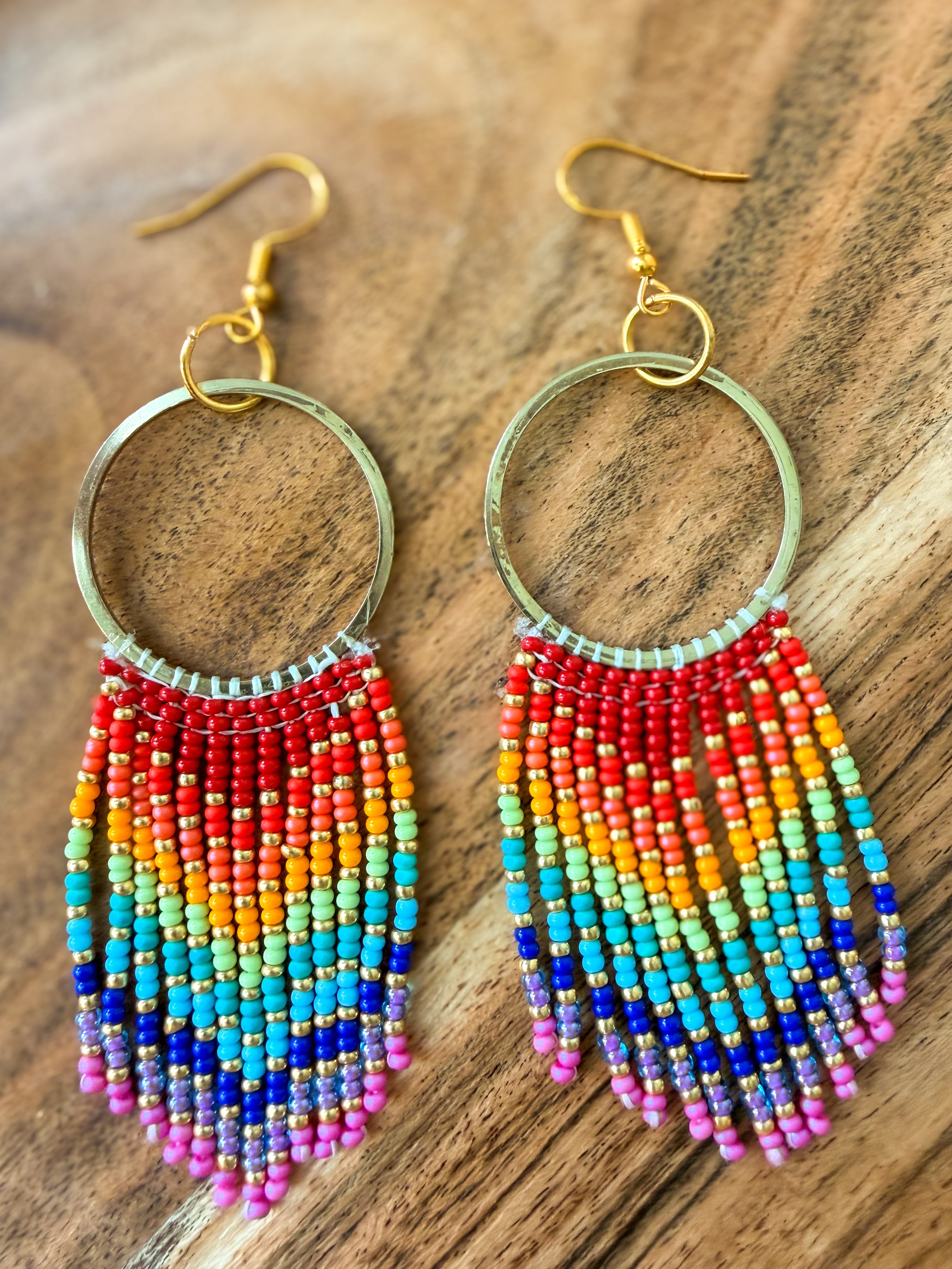 Rainbow Beaded Hoop Fringe Earrings