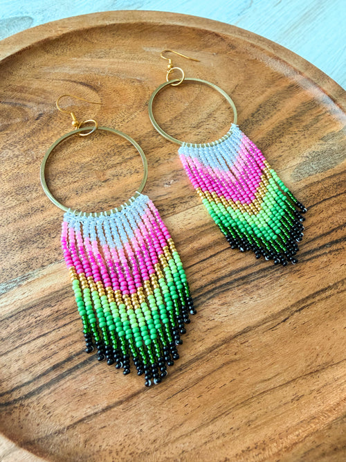 "For Good” Beaded Hoop Fringe Earrings