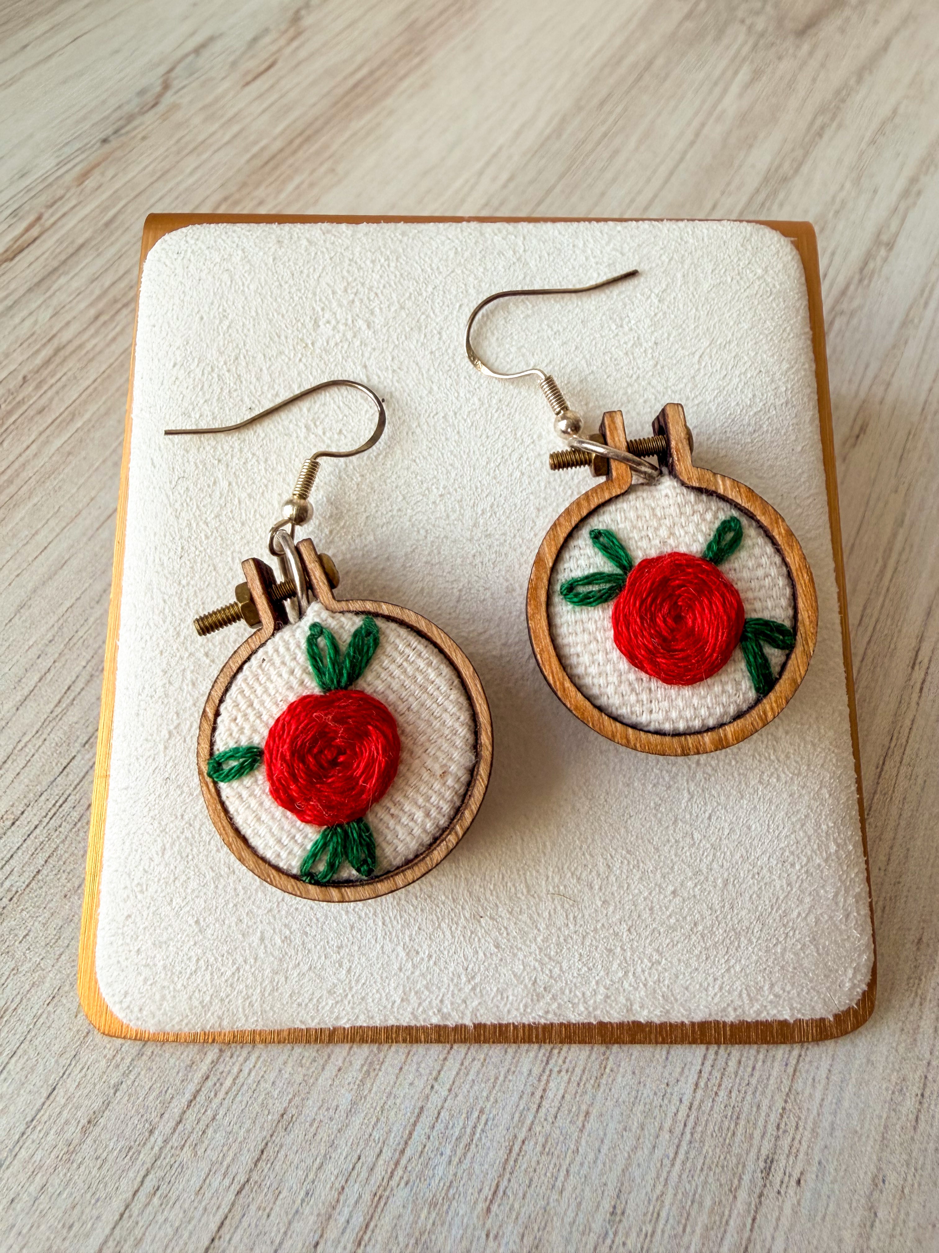 Hand Embroidered Rose Earrings