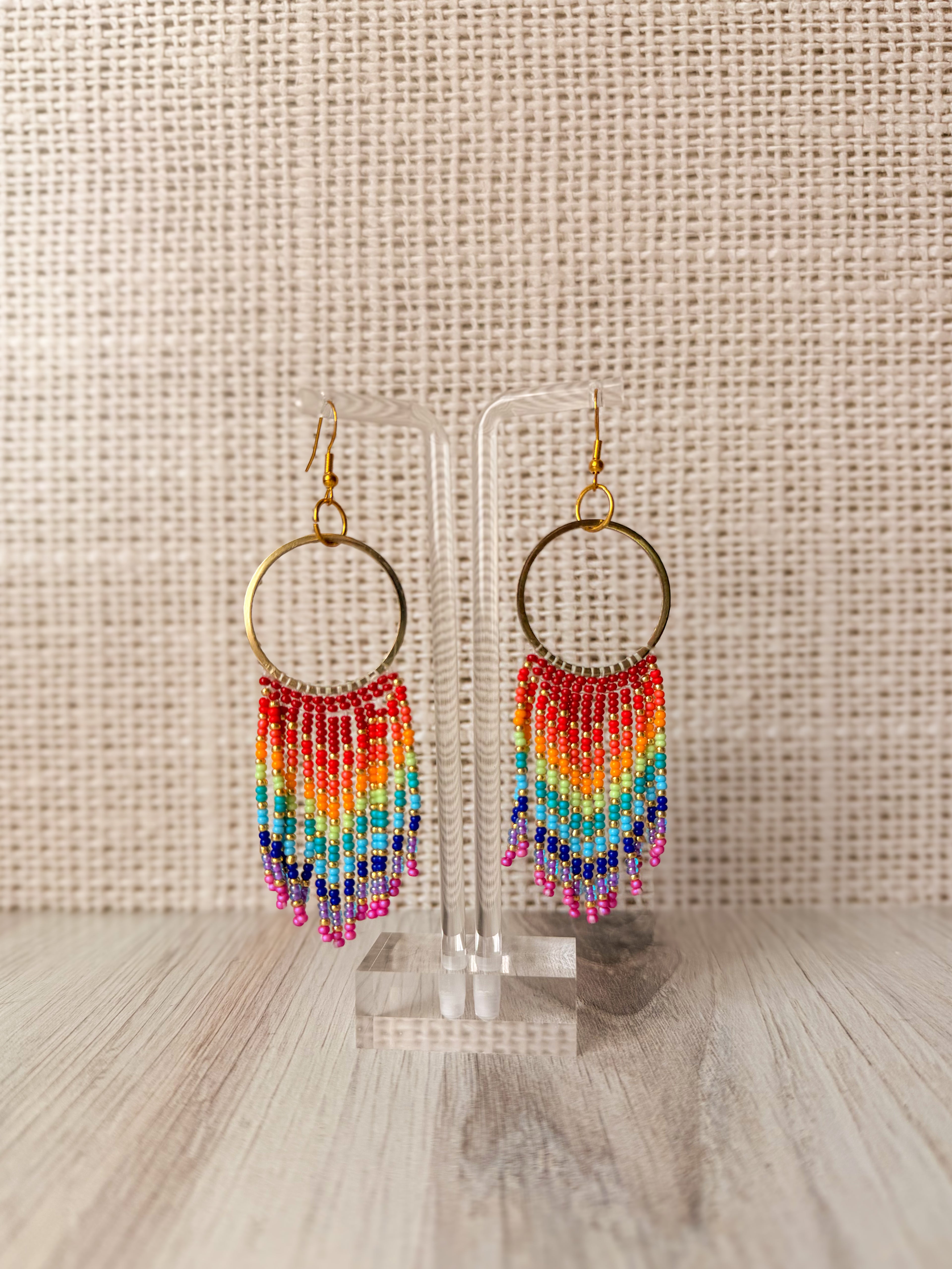 Rainbow Beaded Hoop Fringe Earrings