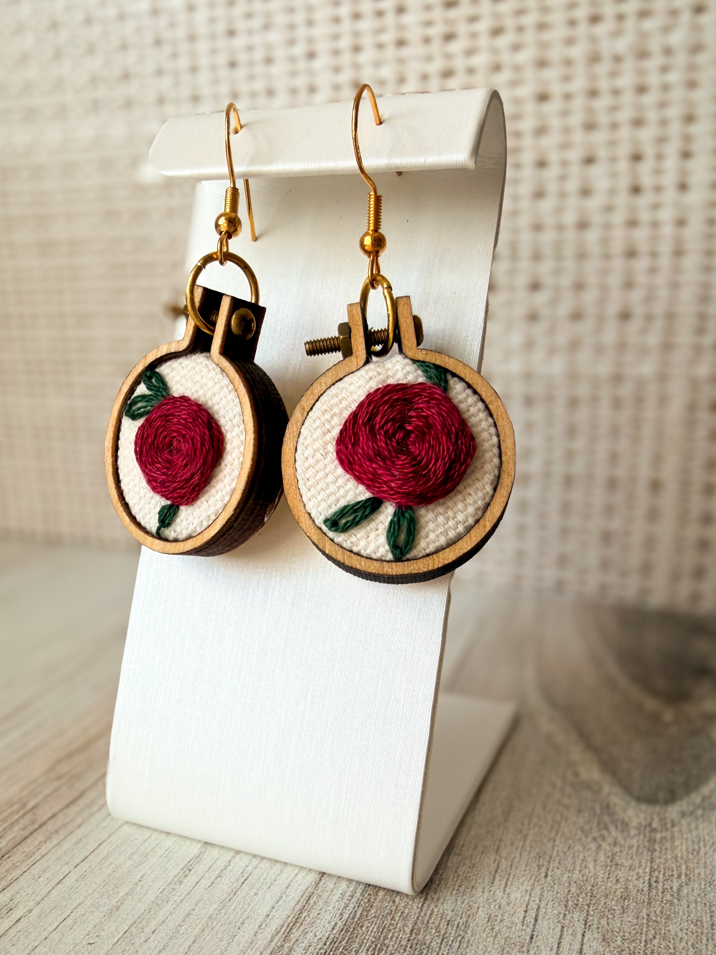 Hand Embroidered Rose Earrings