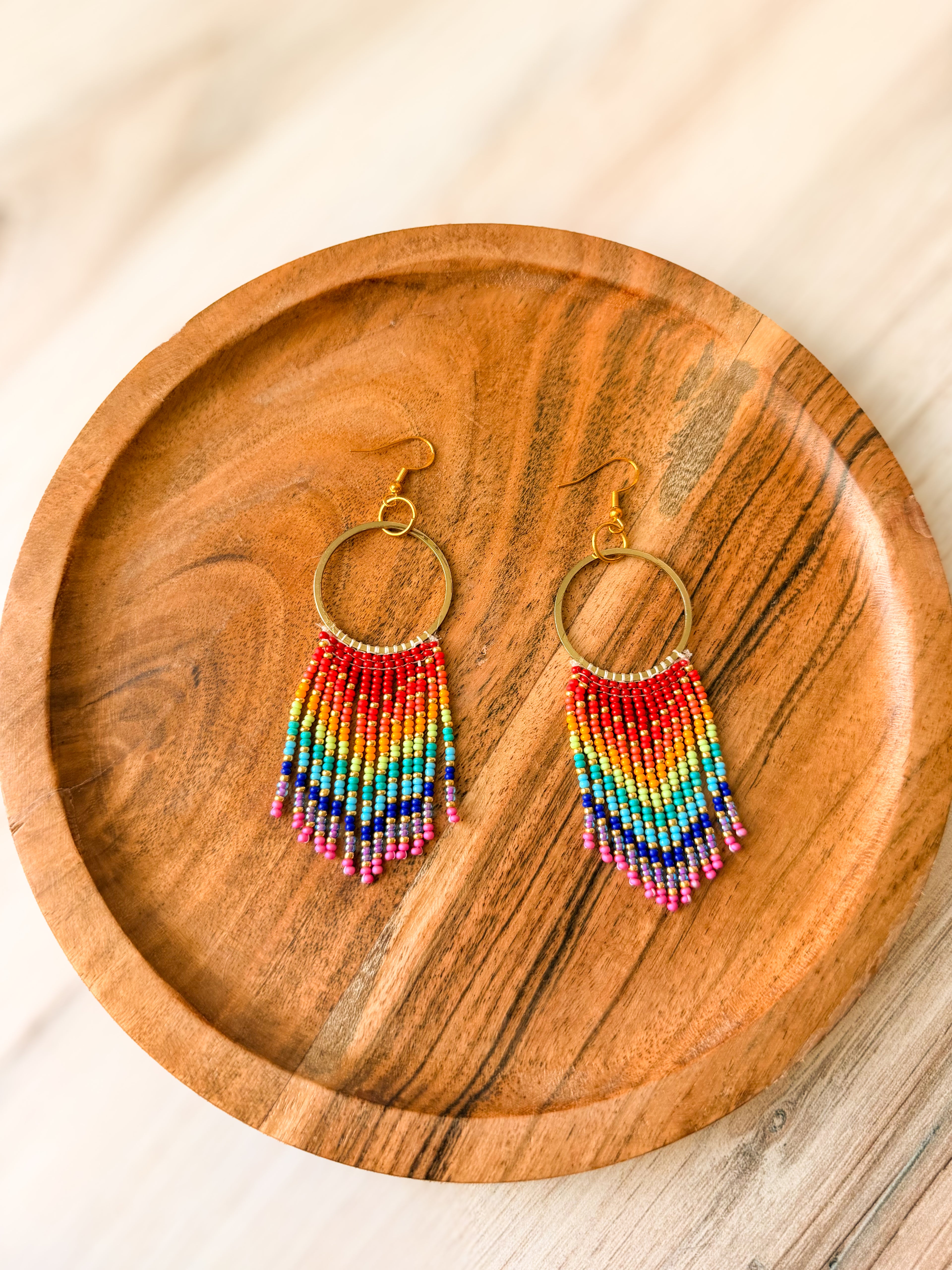 Rainbow Beaded Hoop Fringe Earrings
