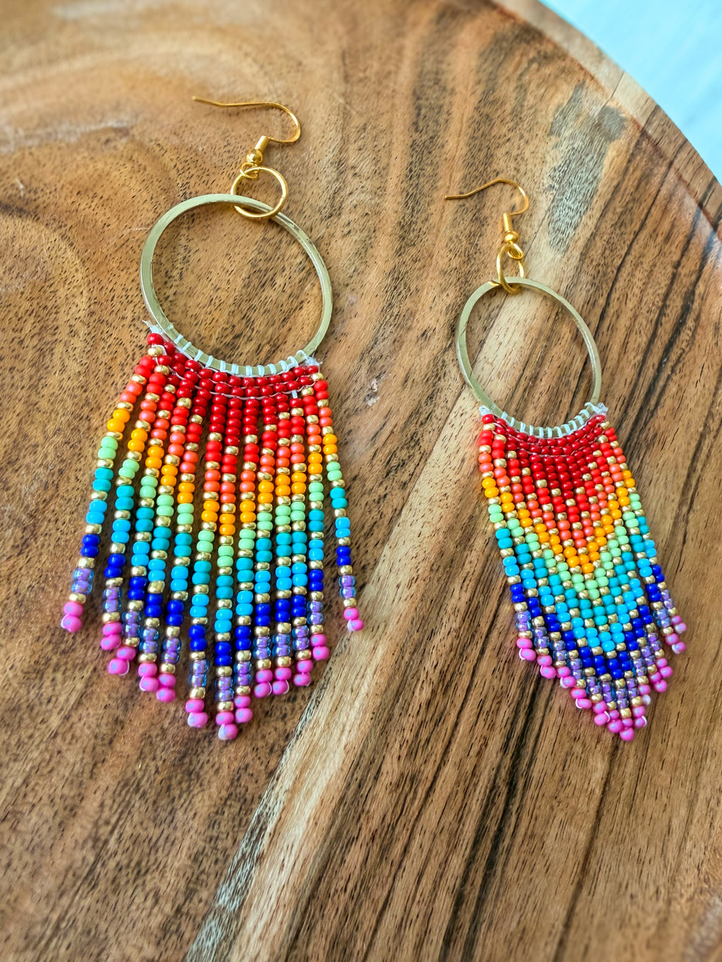 Rainbow Beaded Hoop Fringe Earrings