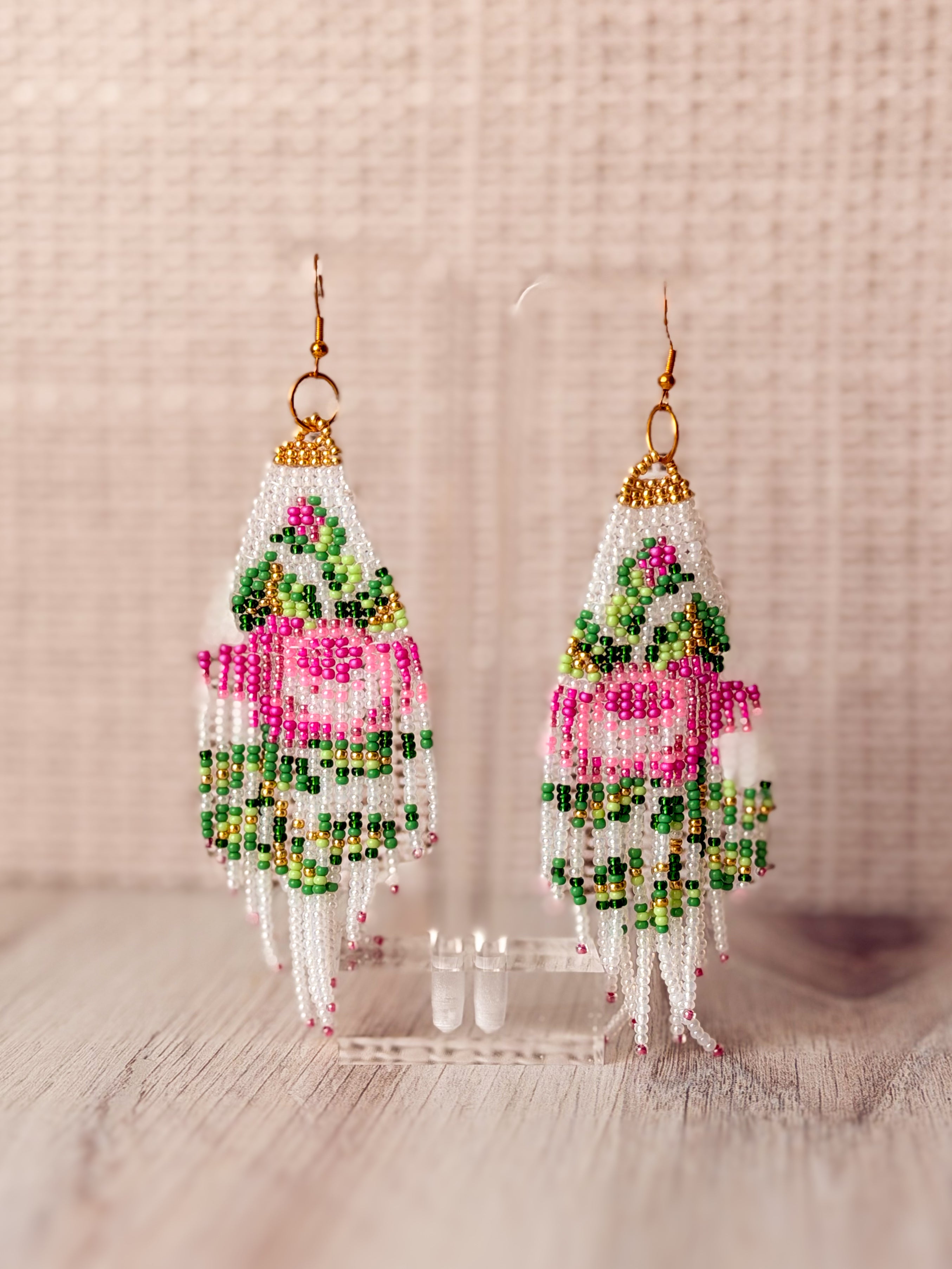 Beaded Rose Fringe Earrings